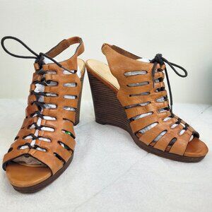 Cole Haan tan Skye lace up peep toe slingback high wedge sandals boho hippie 10B